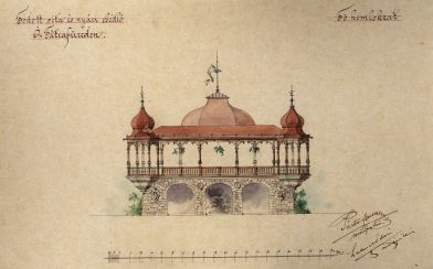 Spišská úverná banka, Levoča - kolonáda a letná reštaurácia, návrh projektu od Edmunda Lechnera a Júliusa Pártosa z roku 1885